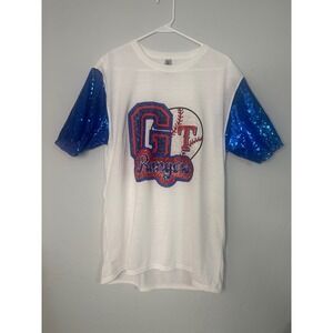 Gildan Texas Rangers T-Shirt Sequin Sleeve Baseball Tee GT White Large